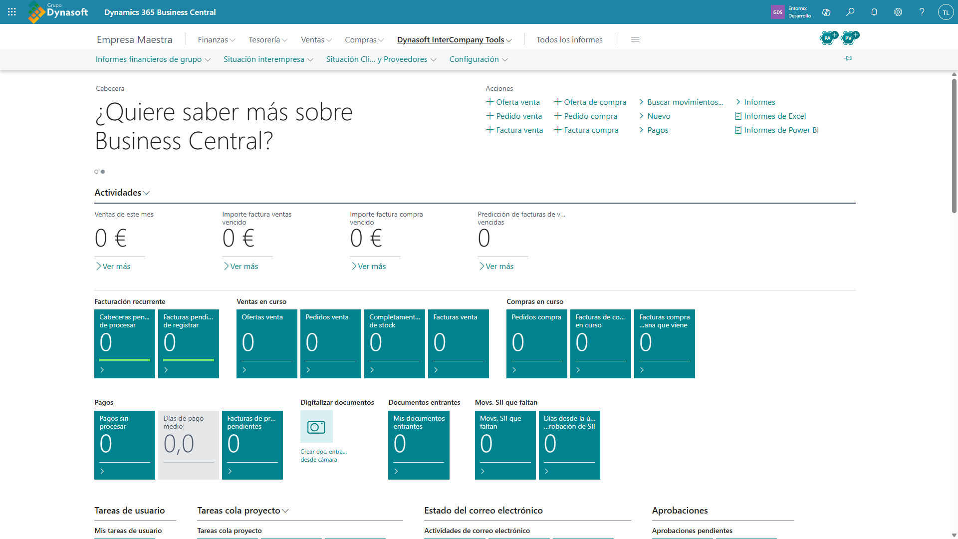 Vista general del Centro de rol Gestor de negocio con el menú Dynasoft InterCompany Tools desplegado en el panel de navegación, mostrando sus cuatro secciones (Informes financieros de grupo, Situación interempresa, Situación Clientes y Proveedores, Configuración).
