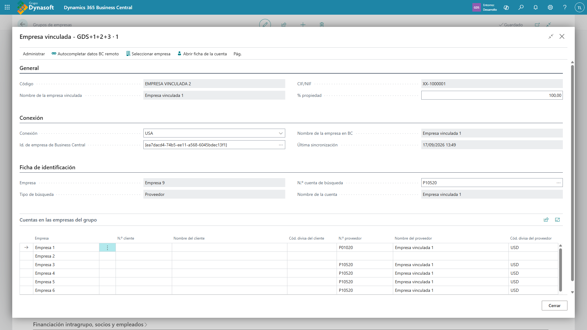 Ficha Empresa vinculada completa, mostrando los grupos General, Conexión, Ficha de identificación y la parte Cuentas en las empresas del grupo.