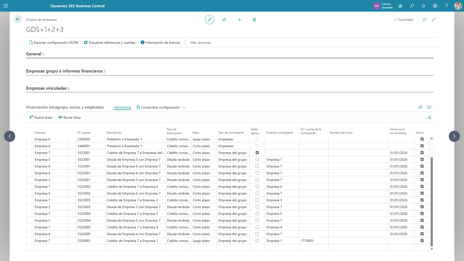 Parte Financiación intragrupo, socios y empleados de la ficha de grupo, con varias líneas configuradas de distintos tipos de contraparte.
