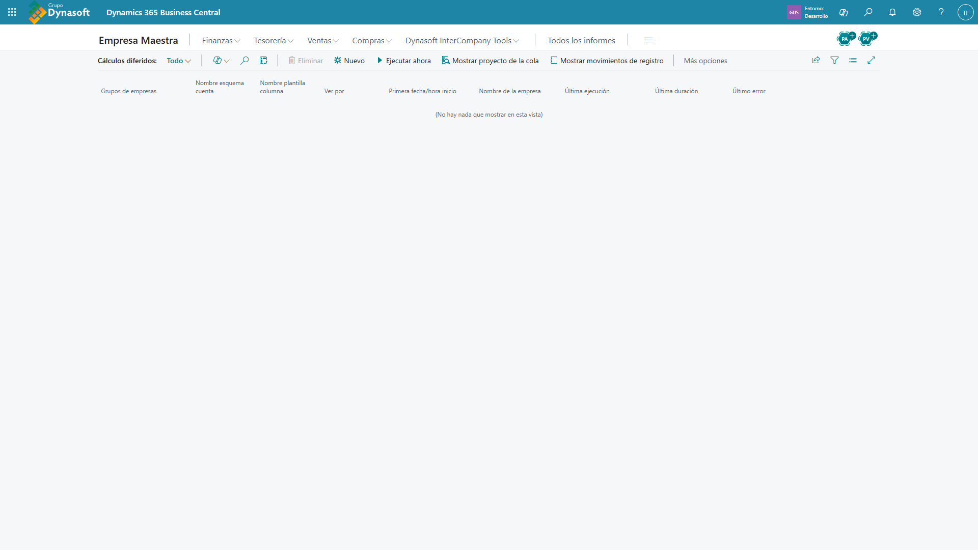 Pantalla Cálculos diferidos con dos cálculos programados, mostrando las columnas Última ejecución, Última duración y Último error.