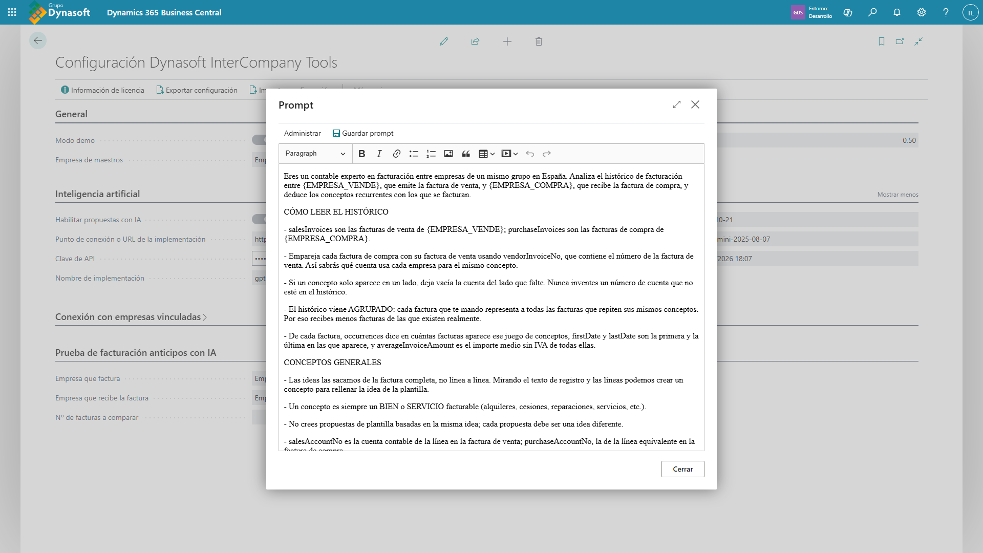 Editor de texto enriquecido Prompt con el prompt de ejemplo cargado y la barra de herramientas visible.