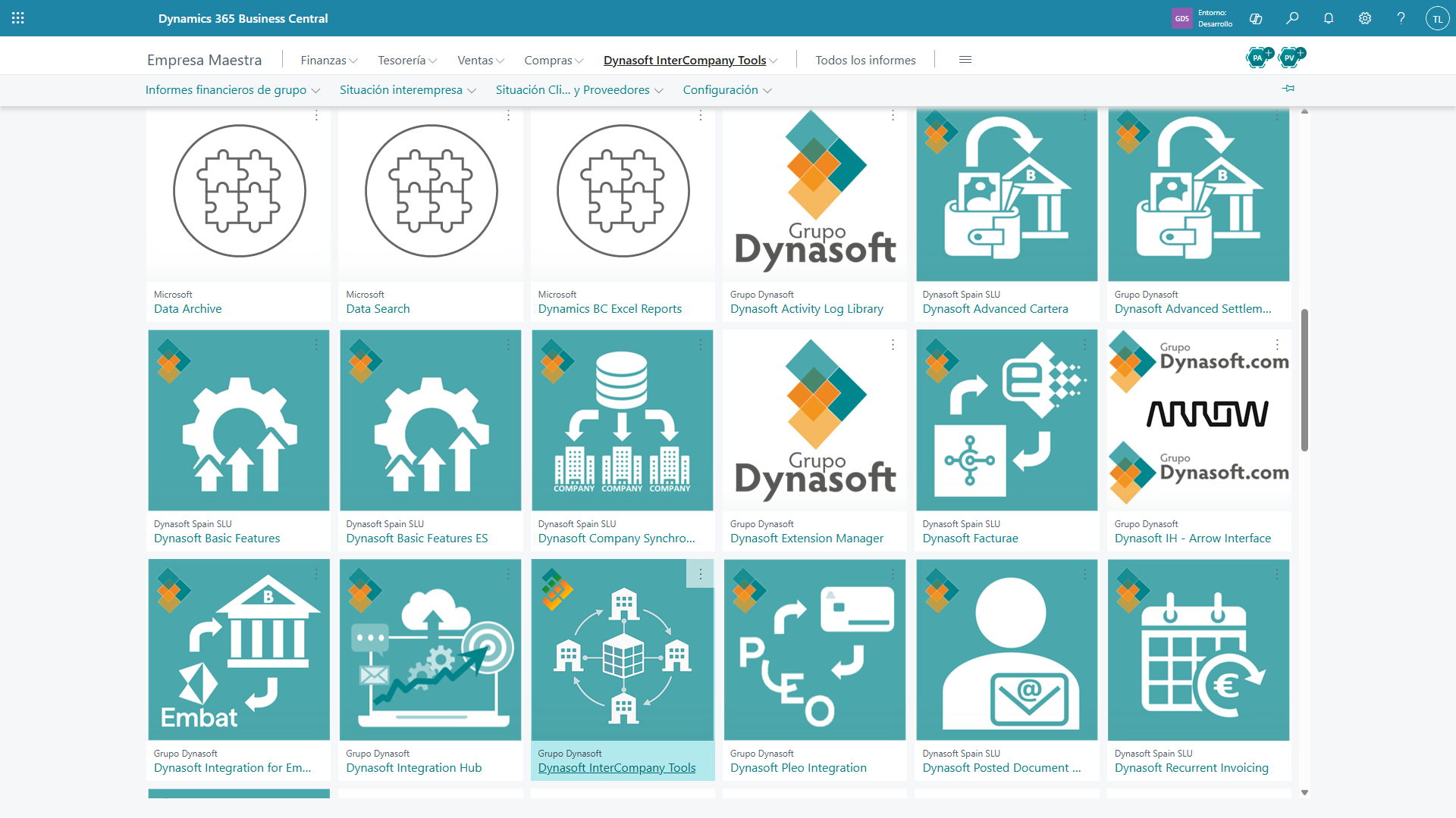 Pantalla Administración de extensiones mostrando instaladas tanto Dynasoft Extension Manager como Dynasoft InterCompany Tools, ambas publicadas por Grupo Dynasoft.