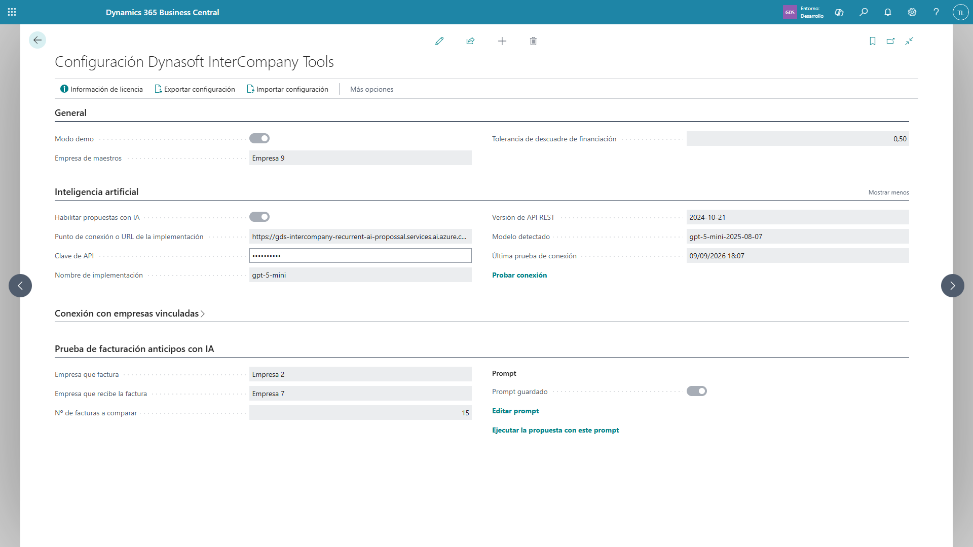 Pantalla completa Configuración Dynasoft InterCompany Tools con las cuatro fichas desplegadas (General, Inteligencia artificial, Conexión con empresas vinculadas, Prueba de facturación anticipos con IA).