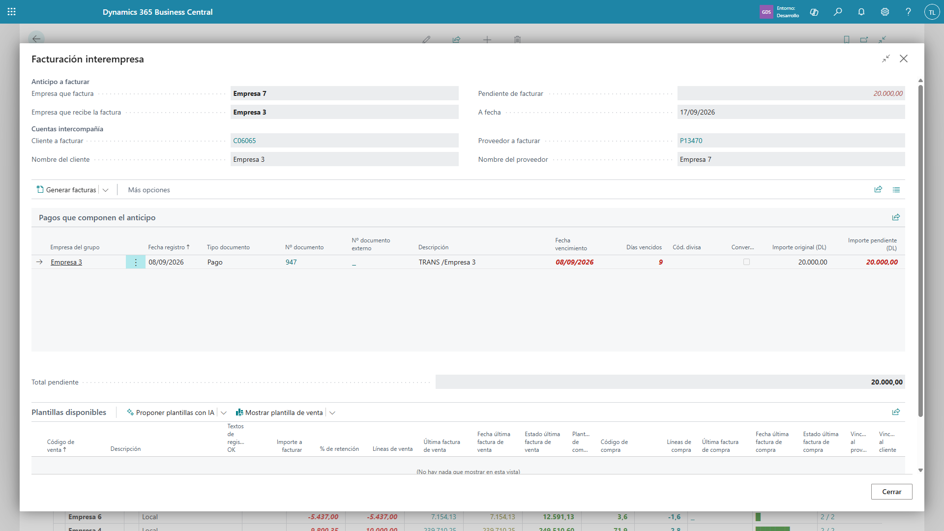 Pantalla Facturación interempresa completa, con el anticipo a facturar, las cuentas intercompañía, la lista de pagos que lo componen y la ficha Plantillas disponibles (vacía mientras el par no tenga ninguna creada).