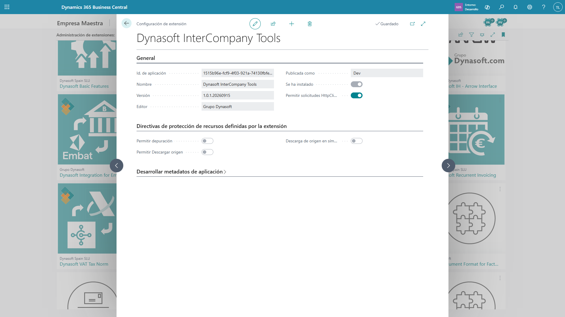 Página Configuración de extensión de Dynasoft InterCompany Tools con el conmutador Permitir solicitudes HttpClient activado.