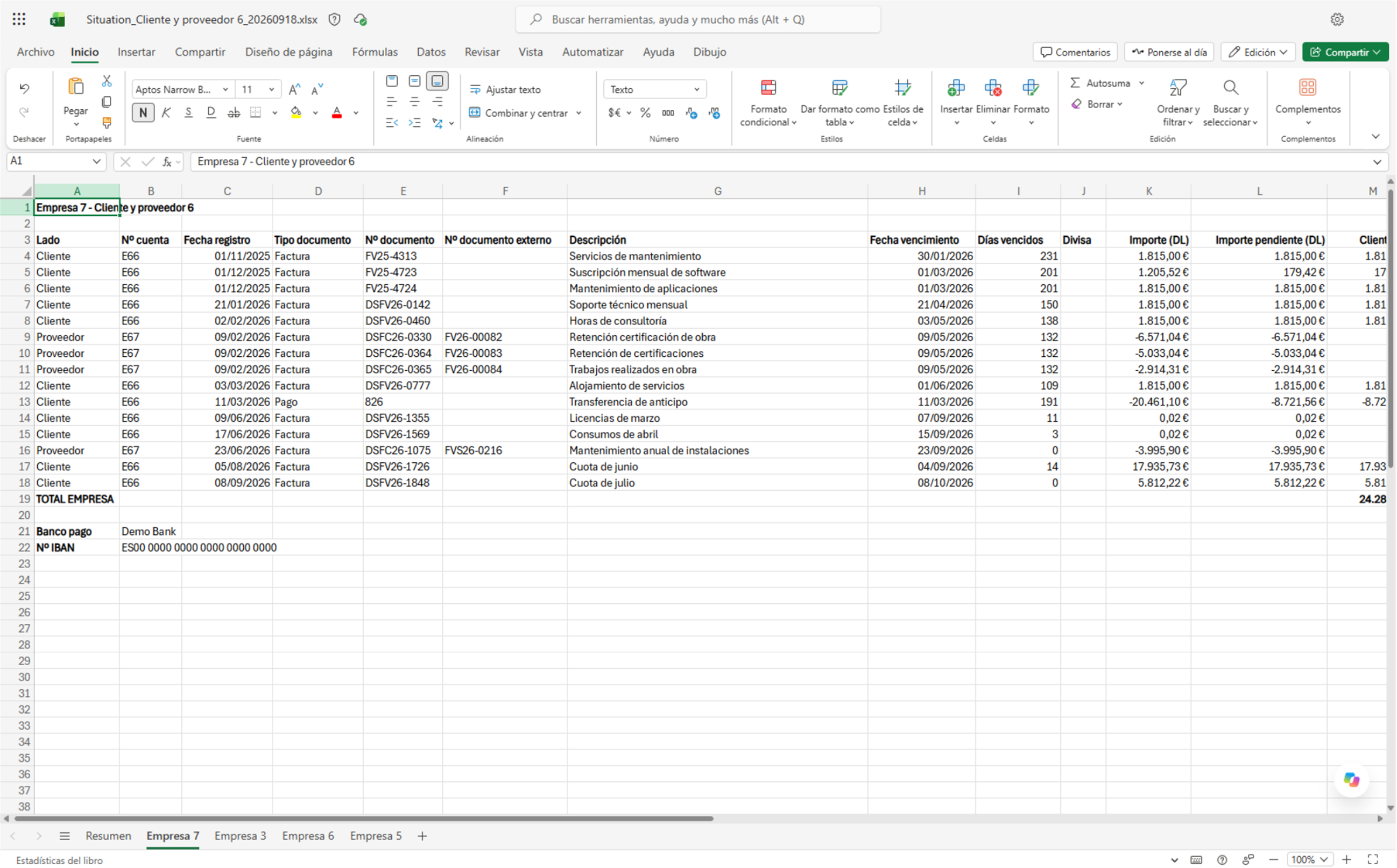 Hoja de detalle de una empresa en el informe de situación, con los movimientos de cliente y de proveedor, la fila TOTAL EMPRESA y los datos bancarios al pie.