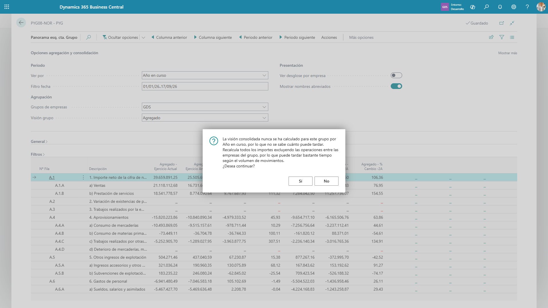 Aviso de confirmación que aparece la primera vez que se consolida un grupo, advirtiendo de que el cálculo puede tardar.