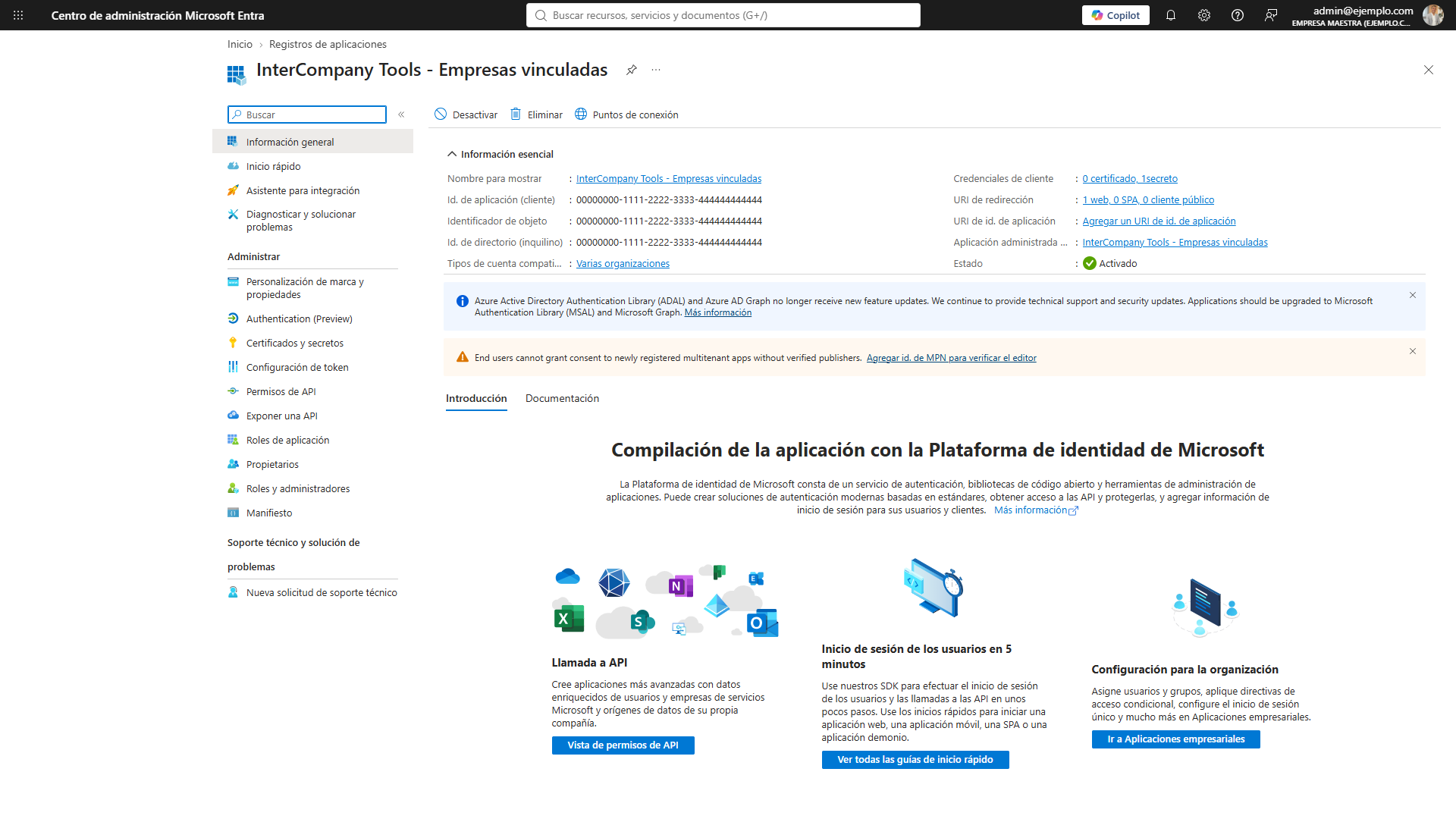 Pantalla de Microsoft Entra ID con el registro de aplicación creado, mostrando el Id. de aplicación (cliente).